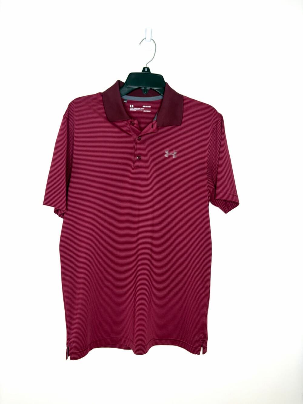 Under Armour HeatGear Loose Fit Polo Shirt Men's Sz S Maroon Striped Golf Active